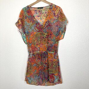 Lauren Ralph Lauren Tunic Blouse Womens Medium Orange Paisley Sheer Cover Up